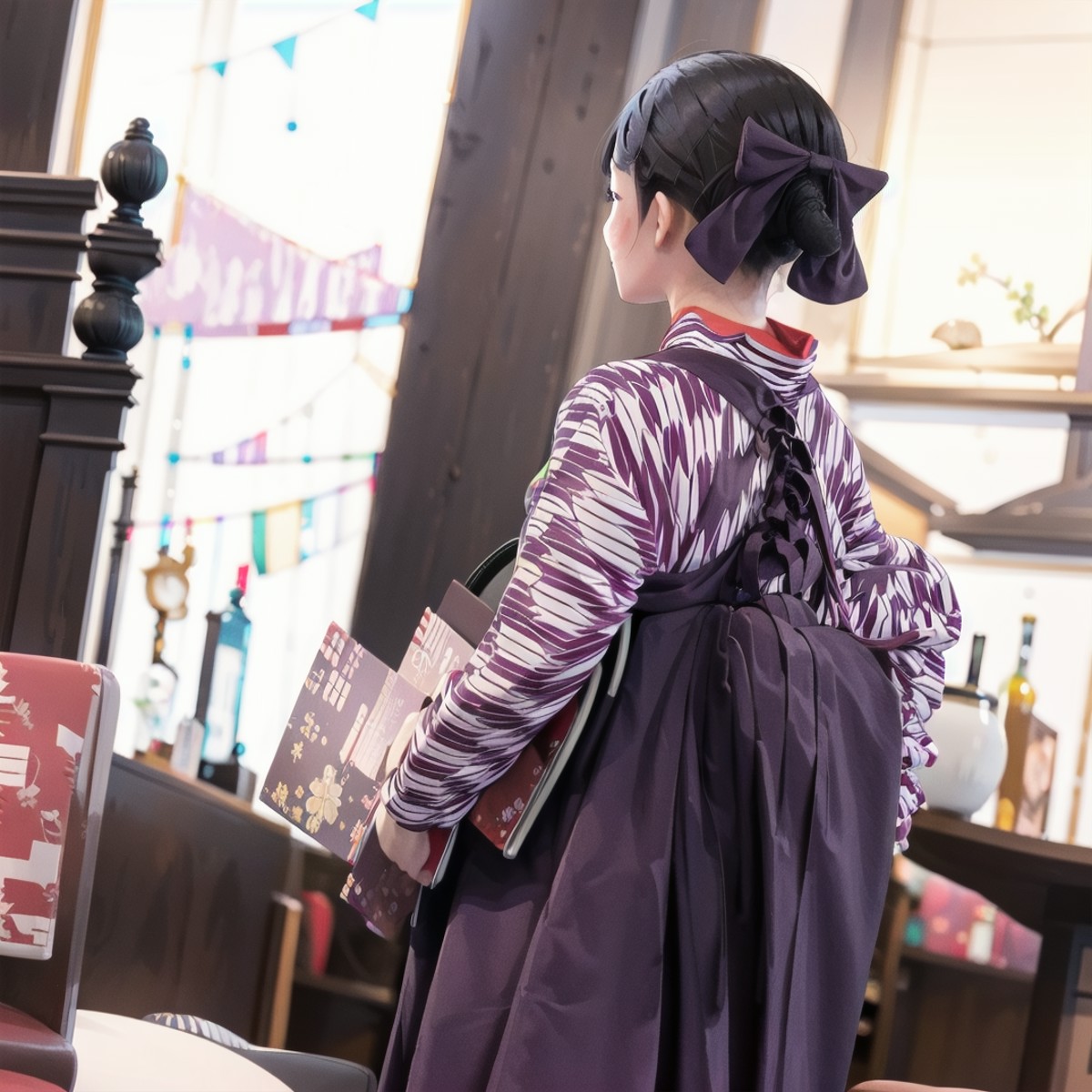 best quality, ultra-detailed, illustration,
BMC, japanese clothes, from behind, black hair, kimono, tasuki, indoors, long ...